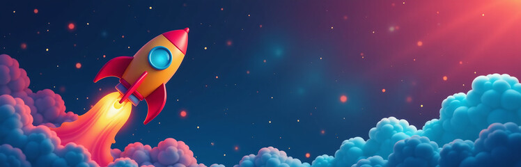 Poster - Colorful Toy Rocket Soaring Through Space With A Galaxy Background For Copy Space To Insert Images Or Text Freely. 00001