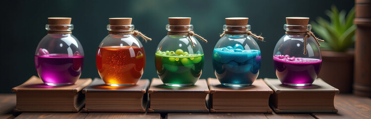 Poster - Colorful Potions In Glass Jars Stand On Antique Books In A Whimsical Display Of Magic And Creativity Generated By Ai Algorithms. 00003