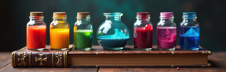 Poster - Colorful Potions In Glass Jars Stand On Antique Books In A Whimsical Display Of Magic And Creativity Generated By Ai Algorithms. 00002