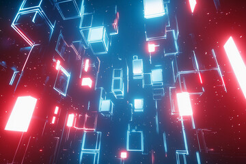 Poster - Dynamic neon cubes in a vibrant digital space