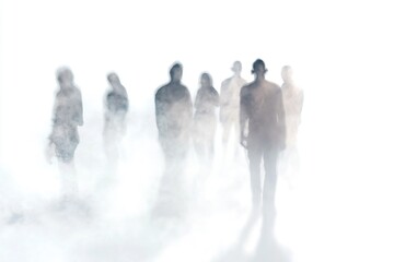 A group of people standing together in a foggy environment