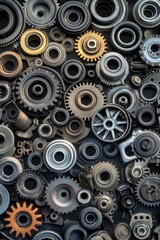 Poster - A collection of metal gears and wheels on a table, suitable for illustrations about mechanics, engineering, or technology