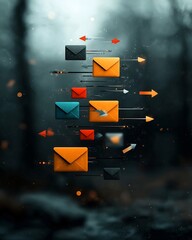 Poster - Enigmatic abstract global communication and social network visualization with freehand gestural user interface elements flowing data stream arrows and holographic mail envelope symbols on a shadowy