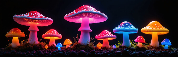 Poster - Colorful Mushrooms Isolated Against A Black Background, Showcasing Their Vibrant And Unique Glowing Appearance In A Visually Appealing Way. 00002