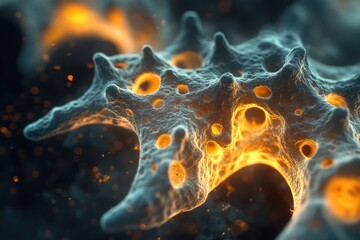 Poster - Detailed 3D visualization showcasing the structure of a virus with glowing molecular elements and RNA strands. Generative AI