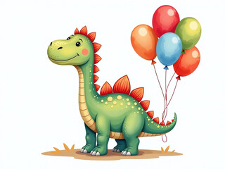 Poster - Colorful Dinosaur Surrounded By Balloons And Set Against A White Background In A Watercolor Illustration Style. 00001