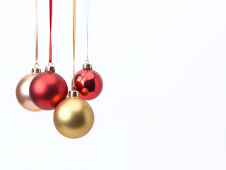 Aufkleber - Colorful Christmas Balls Hang Isolated On A Plain White Background With Delicate Ribbon Creating A Simple Festive Scene. 00002