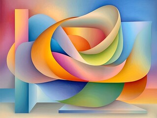 Poster - Captivating swirling iridescent abstract cubist composition with dynamic neon like hues Delaunay influenced serene celestial backdrop energetic geometric shapes and patterns in a harmonious