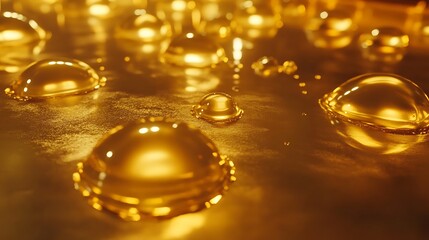 Wall Mural - Golden liquid orbs gleam on a metallic surface