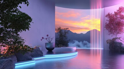 Poster - A futuristic product unveiling stage designed with a glowing eco-friendly innovation, vibrant digital visuals of natural landscape