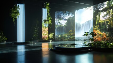Poster - A futuristic product unveiling stage designed with a glowing eco-friendly innovation, vibrant digital visuals of natural landscape