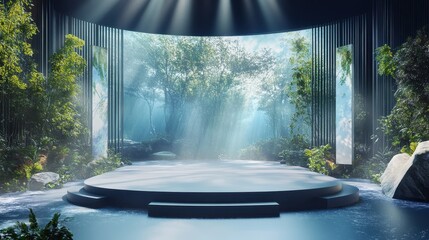 Poster - A wide-angle view of a modern product launch stage featuring an eco-friendly innovation, dynamic abstract visuals of forests and oceans