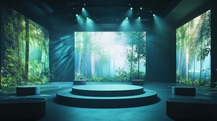 Poster - A wide-angle view of a modern product launch stage featuring an eco-friendly innovation, dynamic abstract visuals of forests and oceans