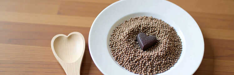 Poster - Chia Seeds Sit On A White Plate Next To A Wooden Spoon Carved Into A Heart Shape On A Wooden Table. 00002