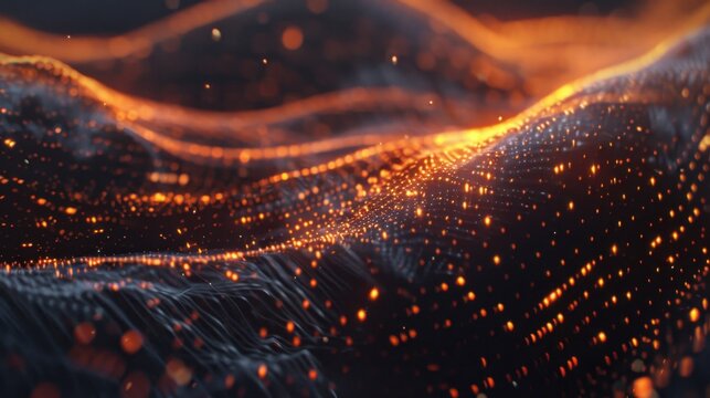 Dynamic abstract waves of glowing particles create mesmerizing visual effect, showcasing vibrant orange and black colors that evoke sense of energy and movement