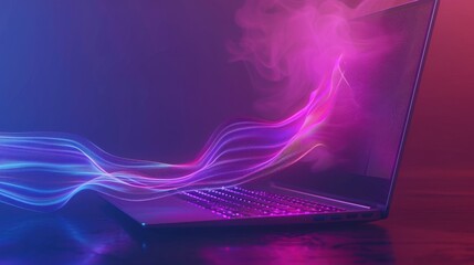 Poster - glowing laptop with colorful light trails and smoke effects creates vibrant atmosphere. modern design and dynamic colors evoke sense of creativity and technology