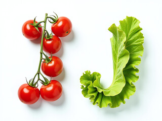 Poster - Cherry Tomatoes And Lettuce Letters I And J Isolated On A White Background Create A Unique Vegetable Arrangement. 00001