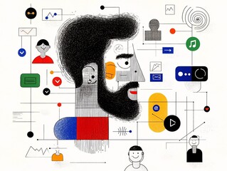 Poster - Vibrant and experimental digital collage depicting an interconnected social network featuring user profile avatars messaging icons and a playful abstract layout with overlapping lines shapes
