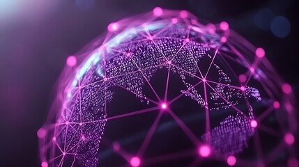 Fototapete - Close-Up View of an Abstract Digital Representation of a Global Network with Bright Pink Nodes and Connecting Lines in a Futuristic Style
