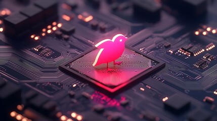Poster - Close-Up of an Intricate Circuit Board with Illuminated Pink Bird Design Showcasing Modern Technology and Digital Art in a Futuristic Style