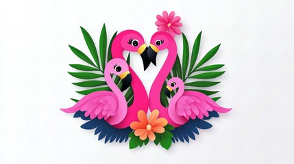 Naklejka na meble Pink flamingo family surrounded by tropical leaves and flowers. Paper art style.