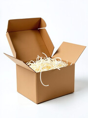 Poster - Cardboard Box With Decorative Shredded White Paper And A Straw Insert Has An Opening Lid, Isolated Against A Plain White Background. 00002