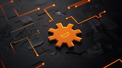 Poster - Close-Up of Interconnected Gears and Circuit Elements with a Modern Design Featuring Vibrant Orange Highlights and a Dark Background for Technology and Engineering Themes