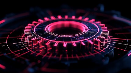 Poster - Close-Up of Interconnected Gears and Circuitry in Red and Black, Showcasing Complex Technology and Precision Engineering