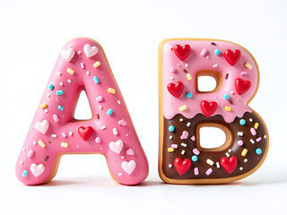 Poster - Candy Letters A And B Isolated On A White Background Are Made To Resemble Sweet Treats Like Hearts And Donuts. 00002