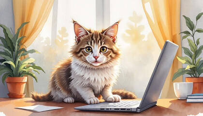 Naklejka na meble Curious cat exploring laptop in cozy home office, playful productivity