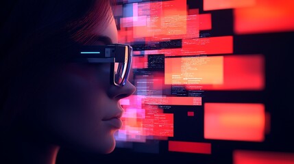 Poster - Conceptual Portrait of a Person Wearing Augmented Reality Glasses Amidst a Dynamic Digital Background Filled with Colorful Data Visuals and Glitch Effects