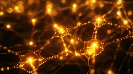 Poster - illuminated golden neural network structure with glowing nodes and connections, representing advance