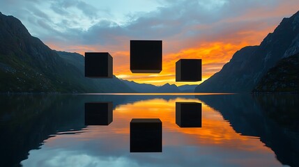 Poster - Stunning Digital Landscape Featuring Floating 3D Shapes Against a Vibrant Sunset Over a Serene Lake Surrounded by Majestic Mountains and Reflective Waters