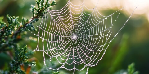 Wall Mural - Morning dew glistens on a delicate spider web, showcasing nature s beauty. This enchanting spider web adorned with dew captures the essence of a serene morning scene.