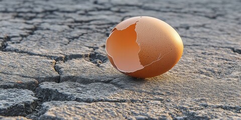 Wall Mural - cracked egg shell resting on a textured, rough concrete surface, highlighting the contrast between t