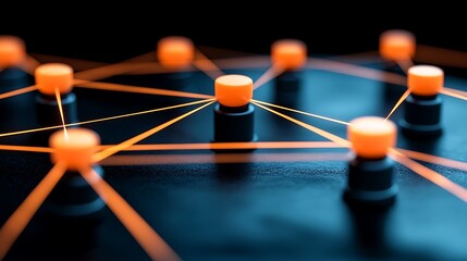 Poster - Dynamic Illustration of Interconnected Spheres with Vibrant Orange Lines Over a Black Background Representing Network and Collaboration Concepts