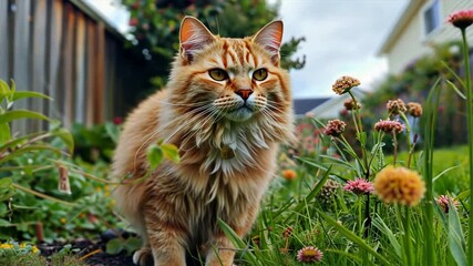 Poster - Fluffy orange cat exploring vibrant garden filled with colorful flowers and lush greenery, showcasing its curious nature and playful spirit in serene outdoor setting.