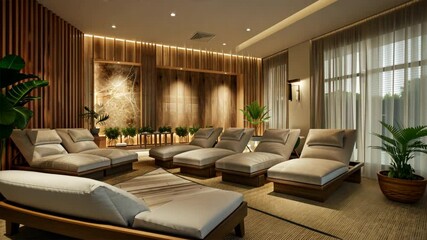 Poster - Luxurious lounge area featuring comfortable loungers, wooden accents, and lush plants, creating serene atmosphere perfect for relaxation and rejuvenation in modern setting.