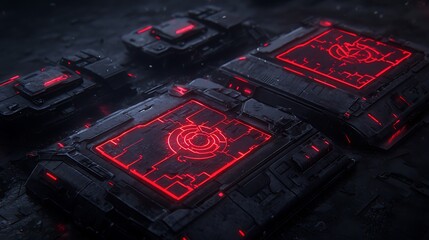Poster - Futuristic Laboratory Featuring Advanced Holographic Technology and High-Tech Equipment on a Dark, Sleek Surface with Illuminated Elements