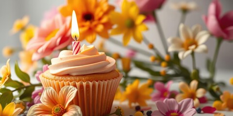 A cupcake with a lit birthday candle and surrounded by decorative edible flowers, birthday cake, festive, dessert