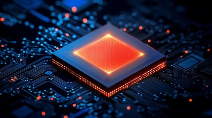 Poster - Mesmerizing Glowing Circuit Board with a Stunning Red Center Piece in an Intense Blue Background, Showcasing Modern Technology and Complexity