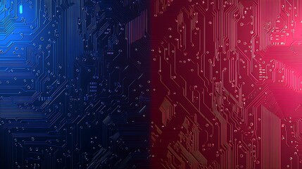 Poster - A Mesmerizing View of an Illuminated Circuit Board with Glowing Blue and Red Patterns, Highlighting Intricate Details and Modern Design Elements