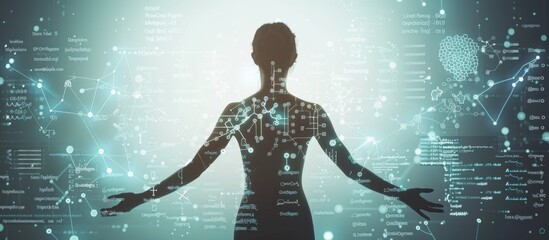 A doctor is using Leap Motion to control medical data and information on the screen, surrounded by icons representing various healthcare services