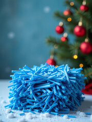 Poster - Blue Straw Packing Material Is Subtly Placed Against A Festive Christmas Ornament Backdrop With A Light Snow Effect. 00002