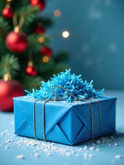 Poster - Blue Straw Packing Material Is Subtly Placed Against A Festive Christmas Ornament Backdrop With A Light Snow Effect. 00001