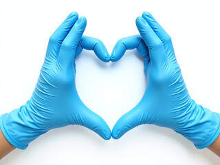 Poster - Blue Medical Gloves Forming A Heart Shape On A White Background With A Clipping Path For Isolation. 00001