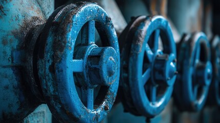 Poster - A close-up of blue valves controlling the water treatment process, emphasizing the importance of innovation and engineering in water resource optimization.