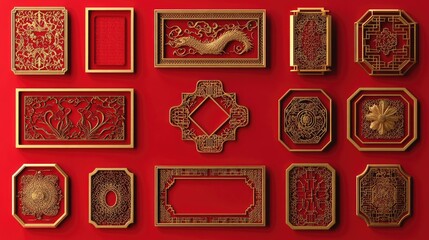 Poster - A collection of Chinese frame banners, featuring gold and red color schemes with intricate designs, perfect for festive Chinese New Year decorations.