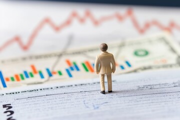 Poster - Miniature Business Figure Analyzing Financial Data on Table with Currency Notes