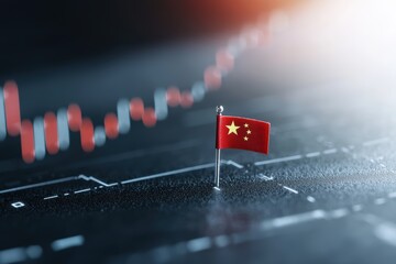 Poster - Small China Flag on Stock Market Chart Symbolizing Investment and Trade Trends